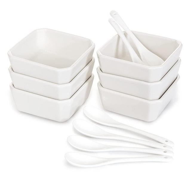 FAMHH White Porcelain Serving Bowls Set – 6 Small Bowls and 6 Serving Spoons – Sturdy, Oven- and Dishwasher-Safe Ceramic Condiment Cups for Sauces, Desserts and Appetizers 6 Oz.