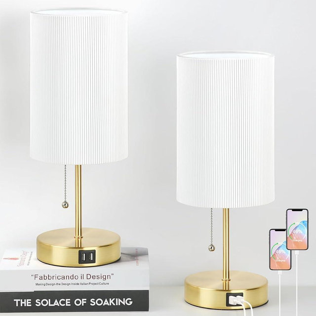 2 Sets Table Lamps with 2 USB, Minimalist Beside Lamps for Bedroom, Nightstand Lamps with Pull Chain, Desk Lamps with White Pleated Lamp Shade and Gold Metal Base for Living Room Dorm Reading Hotel