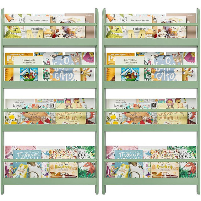 FOTOSOK 2 Pcs Kids Bookshelf, Set of 2 Wall Mount 4-Tier Book Shelf Organizer for Toys and Books, Toy Storage Bookshelf for Kids in Bedroom Living Room, Green