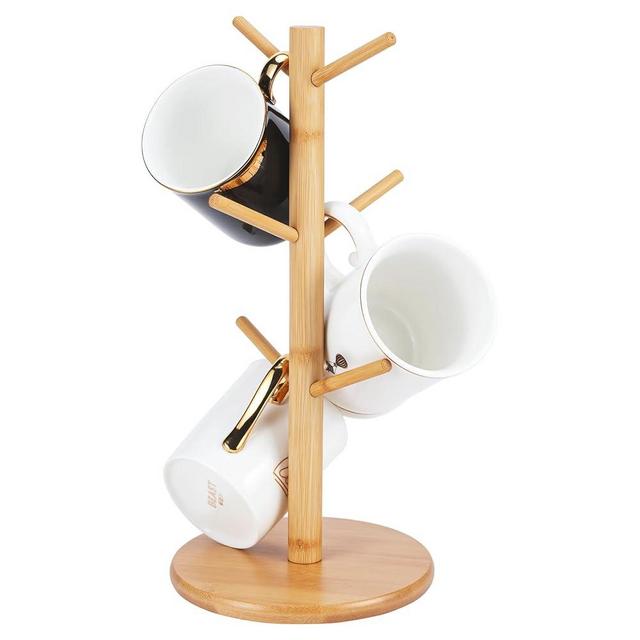 Yoeuikaoh Bamboo Mug Holder, 6 Hooks Coffee Mug Holders Tree, Decorative Mug Racks for Counter, Non-Slip Coffee Mug Cup Tree