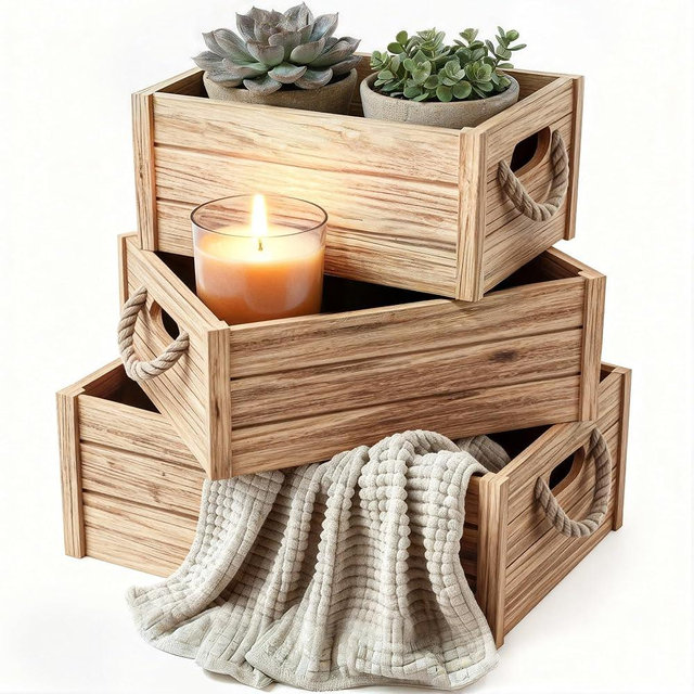 Minajay Home Rustic Wooden Crates – Set of 3 Nesting Wood Boxes – Decorative Storage Bins for Home, Kitchen, Bathroom, Shelves – Farmhouse Style Crate Boxes for Organization & Display (Natural Color)