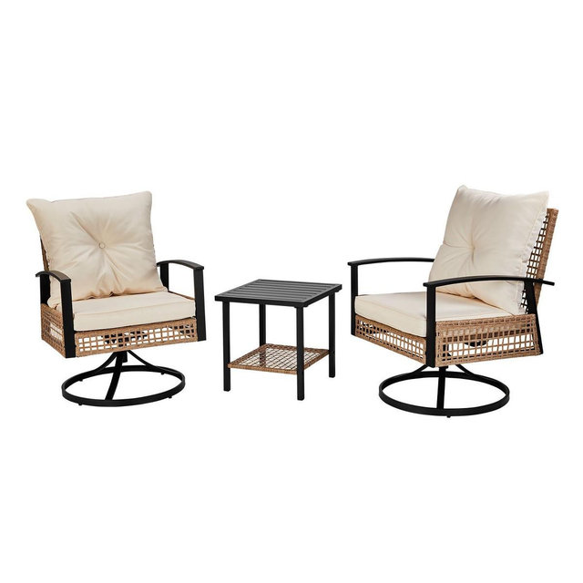 Patio 3-Piece All Weather Wicker Swivel Rocking Patio Conversation Set with Beige Cushions