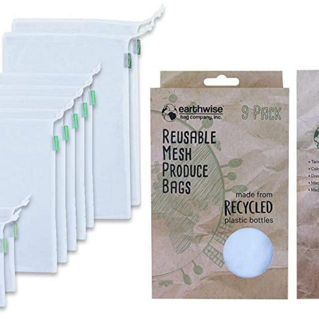 Earthwise Reusable Produce Bags Premium Mesh Set of 9 Bags Made from Recycled Plastic Bottles Ultra Durable, Eco Friendly See Through Transparent Material, Earth Friendly Gift Box (Rpet Mesh)
