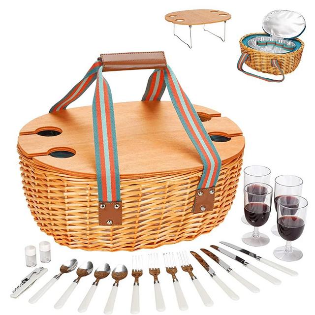 STBoo Wicker Picnic Basket for 4 with Large Insulated Cooler Bag and Folding Table, Cutlery Service Kits, Willow Hamper Set with Woven Handles for Camping, Outdoor, Christmas, Party(Blue)