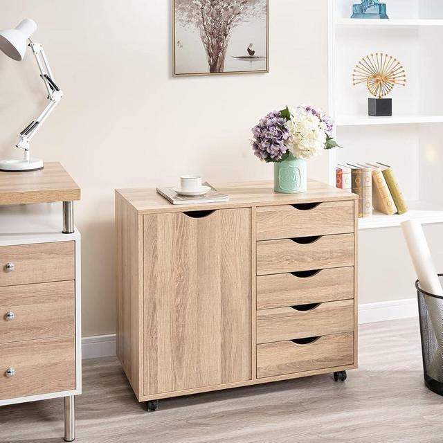 Naomi Home 5 Drawer with Shelf Office Storage File Cabinet Under Desk Cabinets for Organization Filing Wheels Printer Stand 180 lbs Capacity, Natural (11370AM)