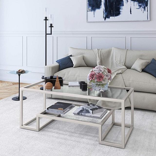 Henn&Hart Modern Geometric-Inspired Glass Coffee Table, One Size, Satin Nickel,CT0065