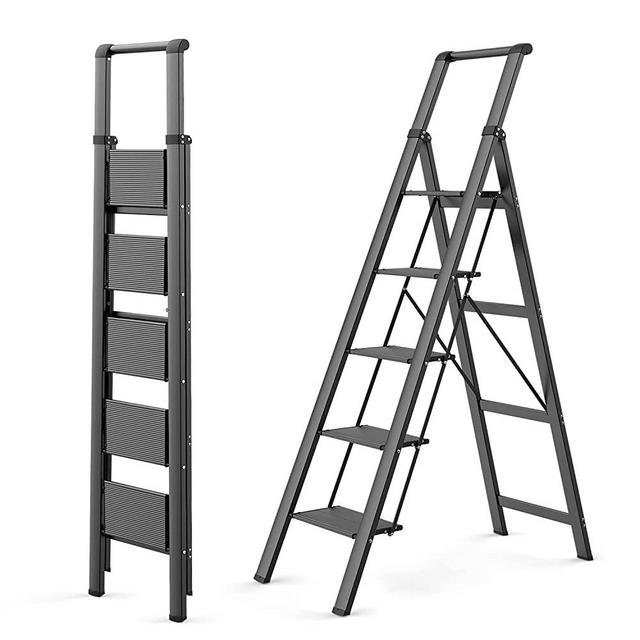 WOA WOA 5 Step Ladder, Folding Stepladder with Anti-Slip Wide Pedal, Lightweight Aluminum Ladder with Handgrip Portable for Home, Office, Library - Black