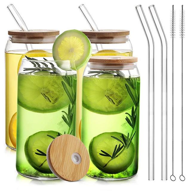 HOMBERKING Glass Cups with Bamboo Lids and Straws 4pcs Set, 20oz Can Shaped Drinking Beer Glasses, Iced Coffee Cups, Cute Tumbler Cups with 2 Cleaning Brushes, Ideal for Cocktail, Whiskey, Tea, Gift