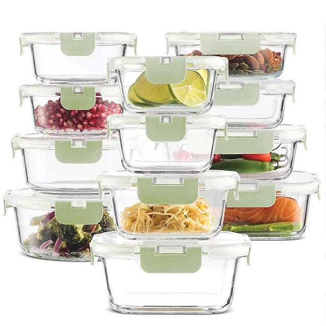 24-Piece Superior Glass Food Storage Containers Set - Newly Innovated Hinged BPA-free Locking lids - 100% Leakproof Glass Meal-Prep Containers, Great On-the-Go & Freezer-to-Oven-Safe Food Containers