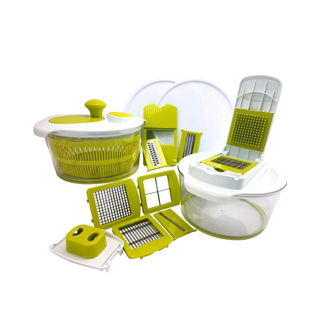 MegaChef 10-in-1 Multi-Use Salad Spinning Slicer, Dicer and Chopper with Interchangeable Blades and Storage Lids
