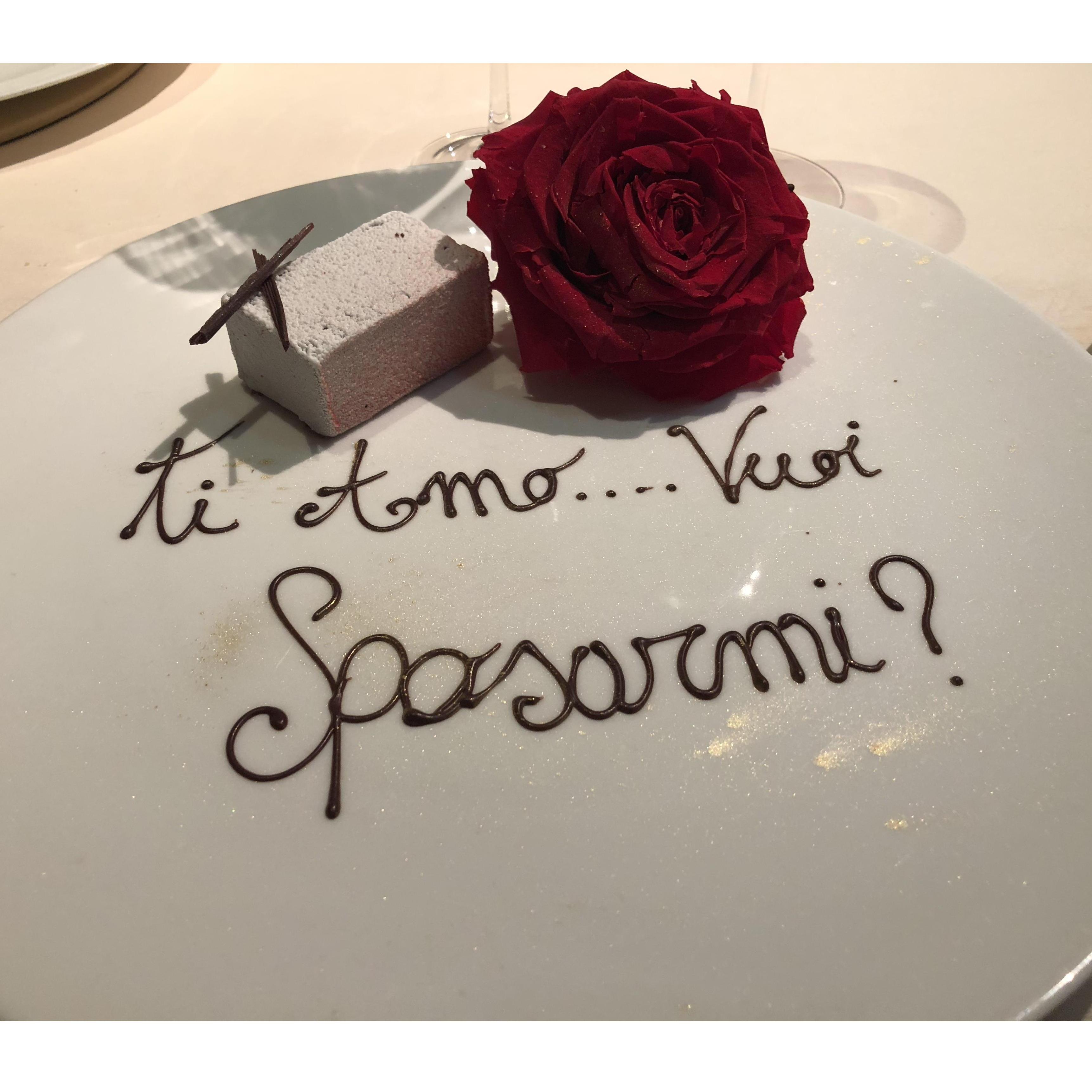 How he proposed!!! A beautiful Italian message hiding under a cloche after our meal at "Enoteca Pinchiorri", one of the top 15 restaurants in the world!