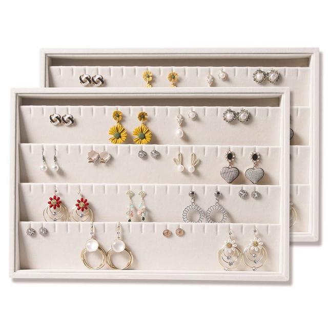 Coward 2PC Stackable Earring Tray Drawer Jewelry Holder Organizer Box Storage Earring Display Stand for Selling (beige(earring+earring))