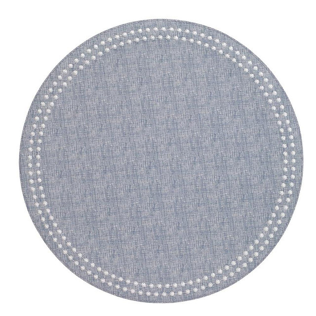 Bodrum Pearls Round Embroidered Placemats Set of 4 – 15" Elegant Table Mats for Dining, Weddings & Special Occasions, Decorative, Wipe-Clean Vinyl Placemats, Bluebell/White