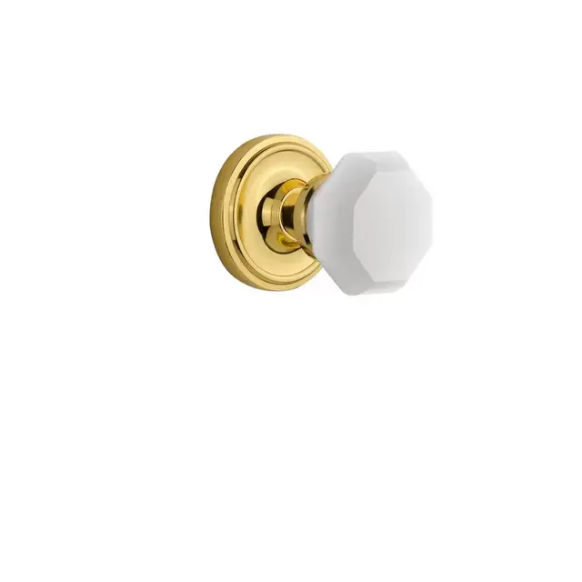 Classic Rosette 2-3/8 in. Backset Polished Brass Passage Hall/Closet Waldorf White Milk Glass Door Knob