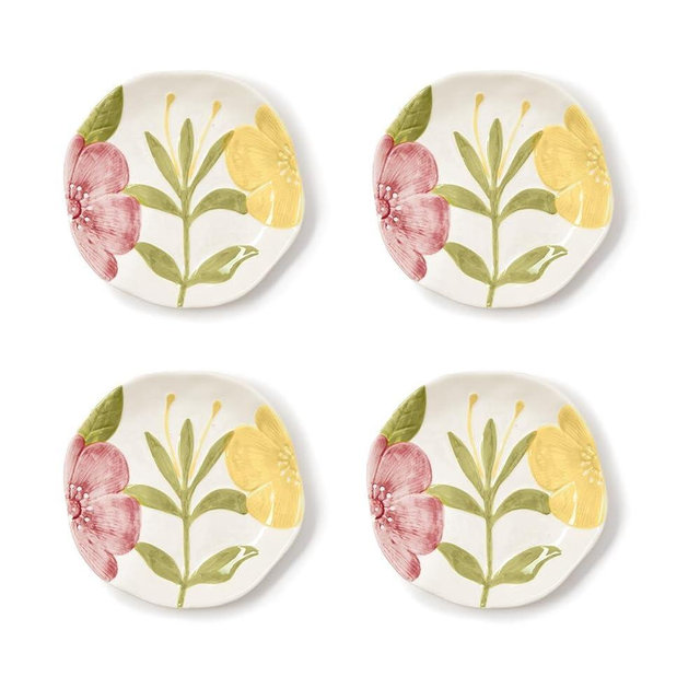 Two's Company Floribunda Tidbit Plates with Floral Relief Design, 5.75-Inch, Ceramic, Set of 4