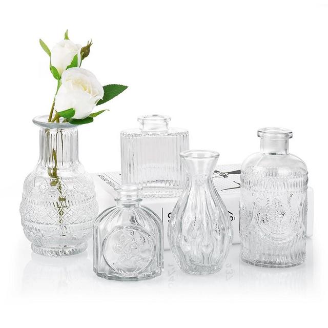 Fixwal Set of 5 Glass Bud Vases, Vase for Flowers in Bulk for Rustic Wedding Home Table Decorations, Small Vases for Centerpieces