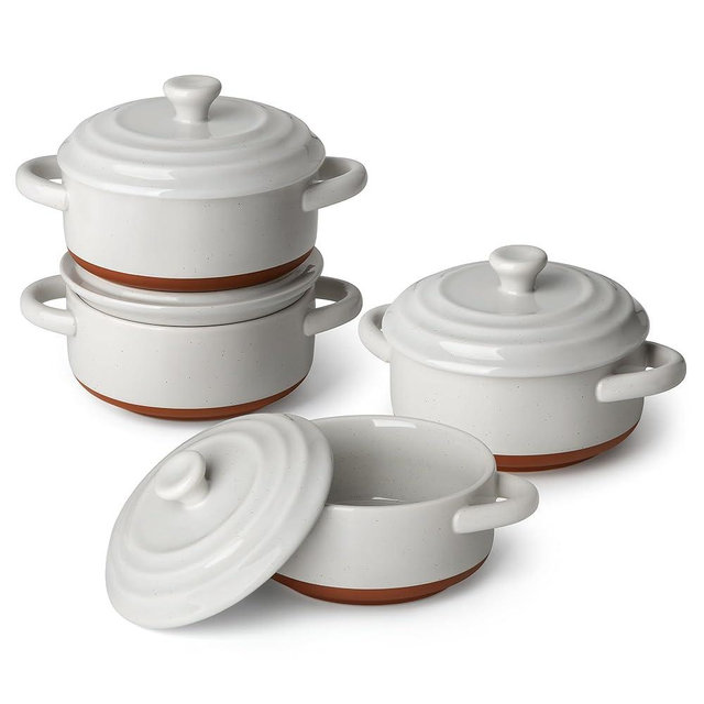 MALACASA Mini Cocotte Set - 12 OZ Ramekins with Lids and Handles, Small Casserole Dishes for Oven, Ceramic Small Baking Dish Set of 4, Microwave & Dishwasher Safe, Khaki Grey, Series TARA