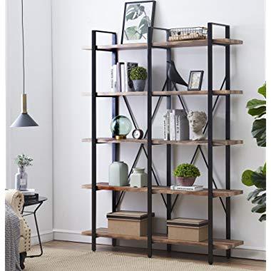 O&K FURNITURE Double Wide 5-Tier Open Bookcases Furniture, Vintage Industrial Etagere Bookshelf, Large Book Shelves for Home Office Decor Display, Retro Brown