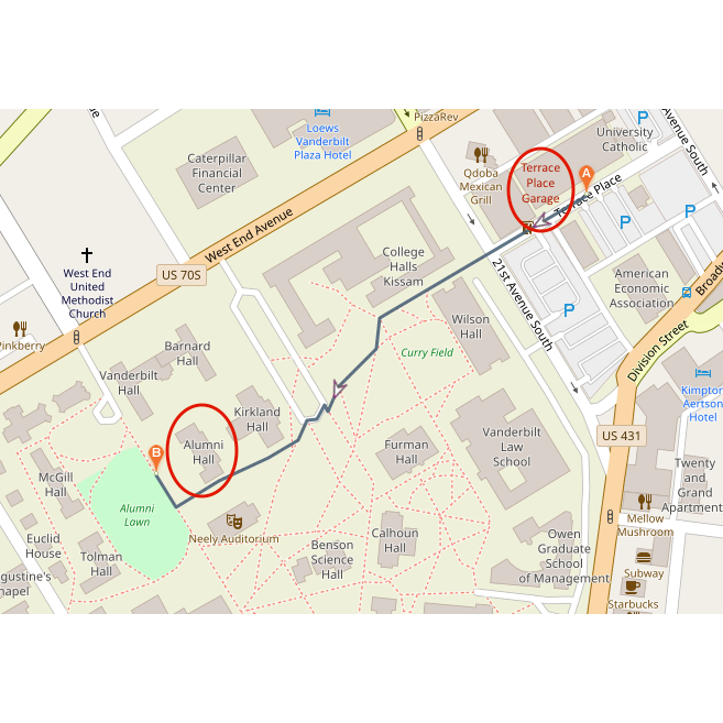 Walking directions from Terrace Parking Garage to the reception at Alumni Hall