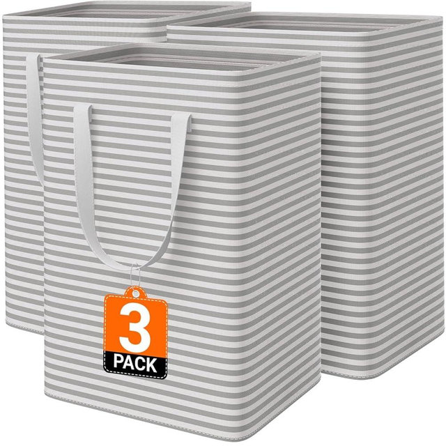 SmartTrends 3 Pack Laundry Hamper, Waterproof & Freestanding Large Laundry Basket, Collapsible Clothes Hampers with Easy Carry Long & Reinforced Handles in Bedroom Bathroom, College Dorm(75Lx3, Gray)