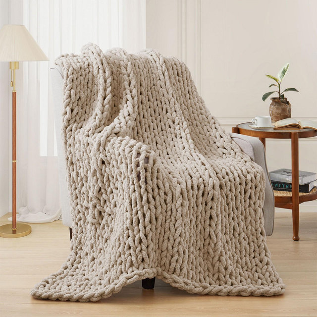 Peace Nest Handmade Chunky Knit Chenille Yarn Throw Blanket 50"x60", Cream