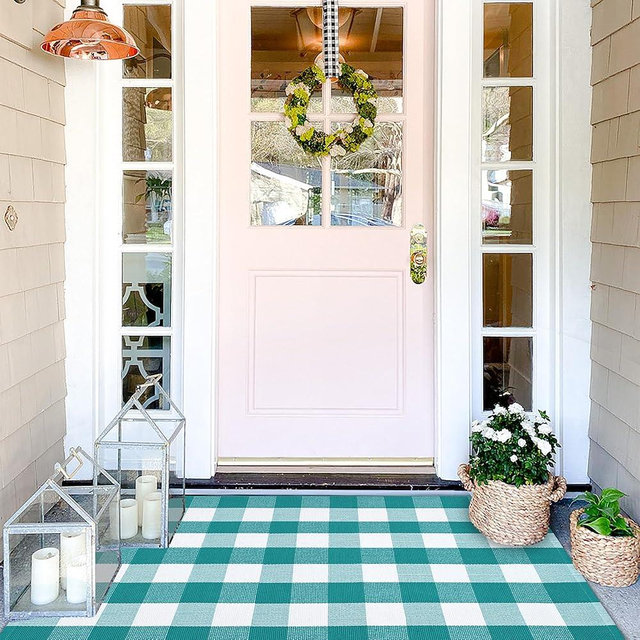 Buffalo Plaid Outdoor Rugs, 3'x5' Green and White Checkered Indoor/Outdoor Area Rug, Layering Rug for Hello/Welcome Door Mat, Washable Cotton Woven Farmhouse Mat for Spring Easter Front Porch Décor