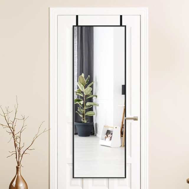 Alpen Mirror Full Length - Over The Door Hanging, 47x14 Inches Hanging Door Mirror Full Body, No Drill Installation, Suitable for Bedroom & Closet, Black