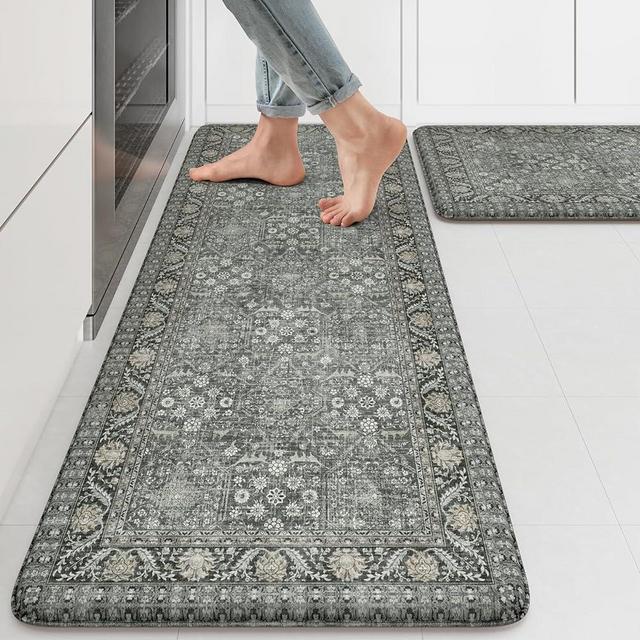 KIMODE Anti Fatigue Kitchen Mat 2PCS,Waterproof Farmhouse Green Kitchen Rugs Non-Slip,Vintage Kitchen Mats for Floor,Cushioned Comfort Standing Mat for Laundry,Office,Sink,Desk,17"x47"+17"x29"