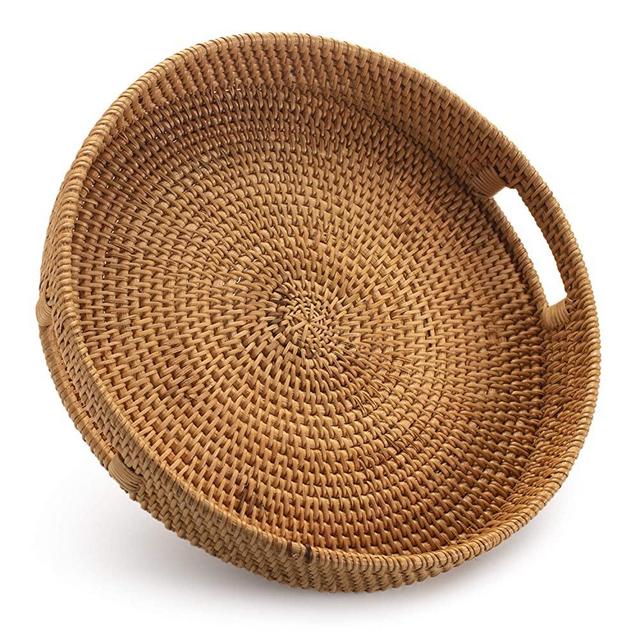 Round Rattan Serving Tray Decorative Woven Ottoman Trays with Handles for Coffee Table Natural（Small 11.8 inch x 2.4 inch）