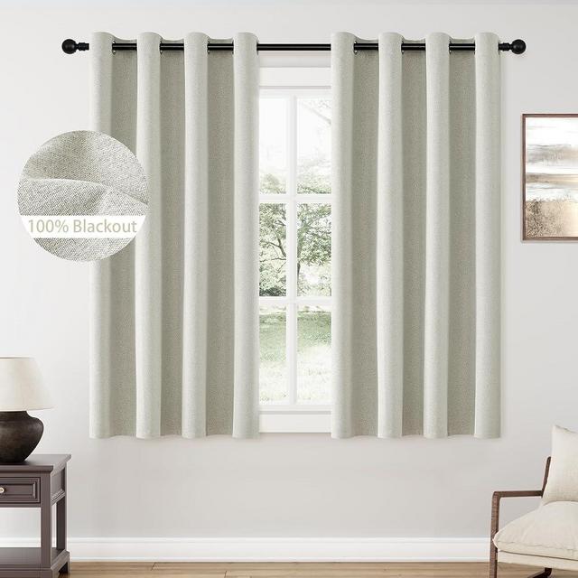 100% Blackout Curtains 63 Inch Length for Living Room 2 Panels Set, Farmhouse Linen Curtains Room Darkening, Grommet Thermal Insulated Black Out Window Drapes for Bedroom, Light Greyish Beige 52x63