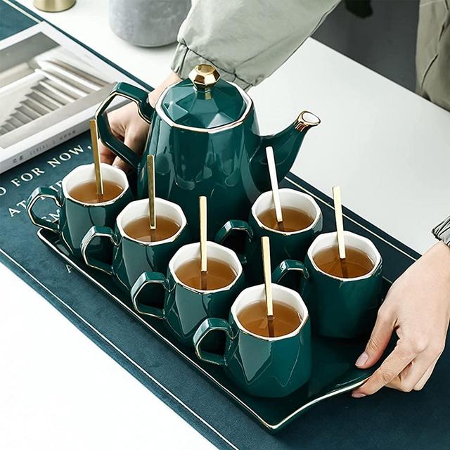 DUJUST 14 pcs Tea Set of 6 with Tea Tray & Spoons, Modern Diamond Design Tea/Coffee Cup Set with Golden Trim, Chic Porcelain Living Room Decor, Fine-china Teapot/Tea Party Set, Gift Package - Green