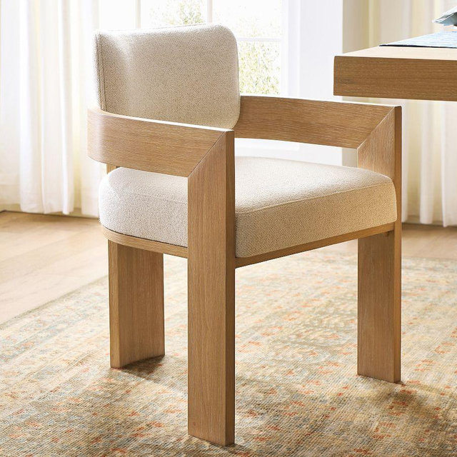 Modern Farmhouse Dining Armchair, Fog, Performance Boucle Oatmeal