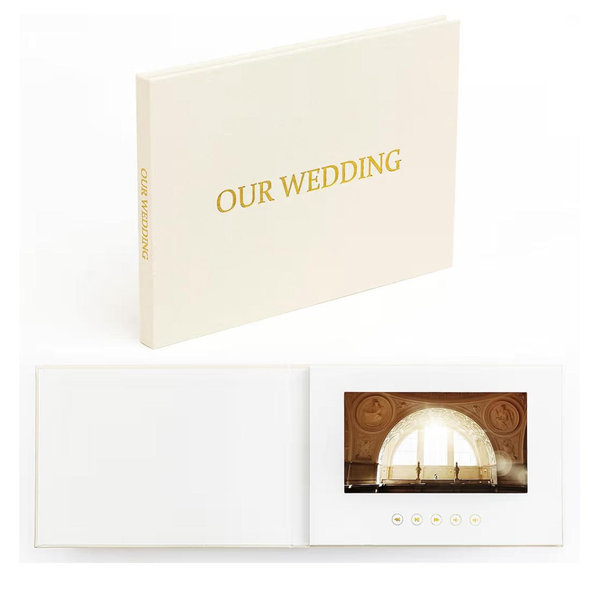 The Motion Books (OUR WEDDING - GOLD FOIL) | Luxury Linen Bound Wedding Video Book | Gold foil stamping | Up to 3 hours of video, 7” IPS Display, 4GB of memory & Rechargeable Battery