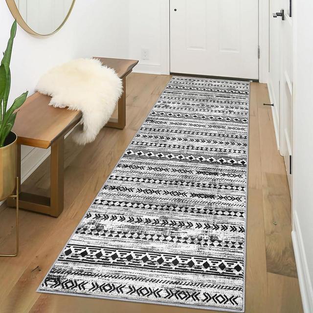 Alfasoft Moroccan Runners Ror Hallways 2x6, Black Boho Kitchen Rugs Washable Runner Rug Non-Slip Vintage Soft Print Distressed Geometric Floor Carpet Runner for Bedroom Bathroom Laundry Entryway