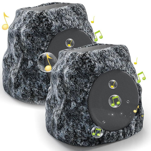 Outdoor Rock Speaker 60W Deep Bass Multi-Sync up to 100 Speakers Auto-Pairing, IPX7 Waterproof Solar-Powered Bluetooth Speaker Perfect for Pool, Garden, Patio, Ideal for Music Entertainers - 2 Pack