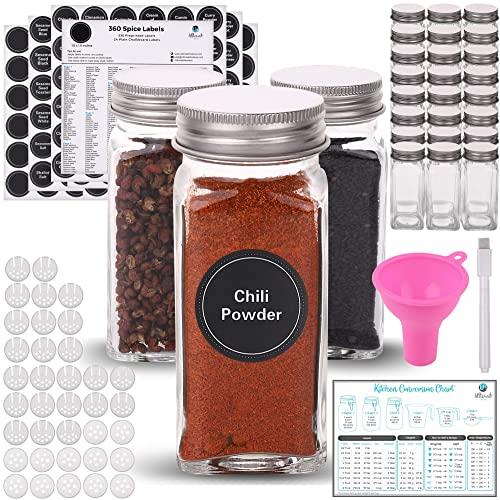 Spice Jars 24 Glass Bottle Containers (4 oz) with Shaker Insert Tops, 360 Chalkboard Labels, Marker, Stainless Steel Lids & Wide Funnel - Complete Set of Herbs Seasoning Organizer