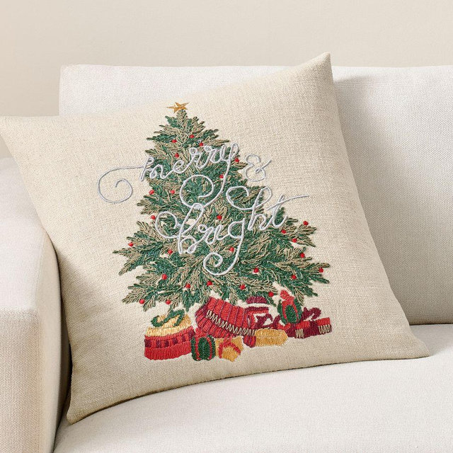 Merry and Bright Embroidered Pillow Cover, Flax Multi, 22"