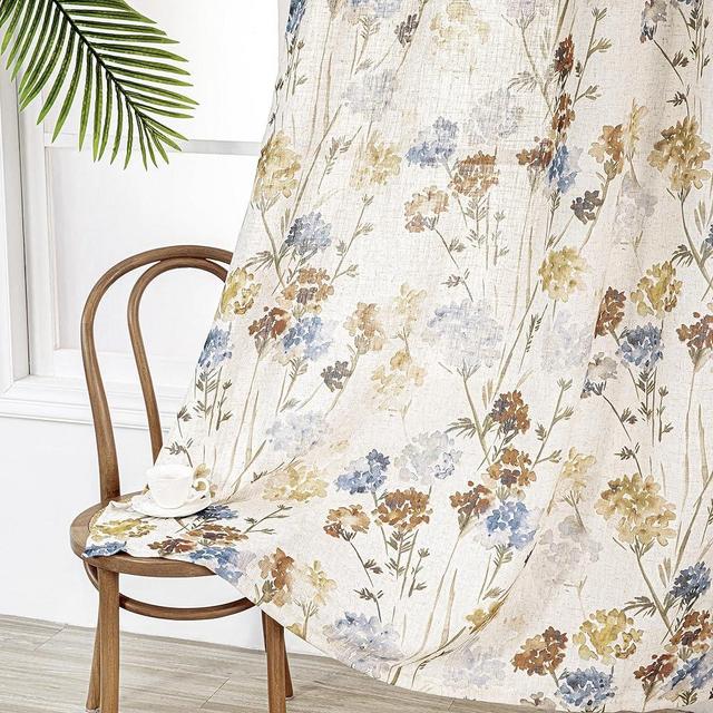 MYSKY HOME Linen Curtains for Living Room Floral Patterned Semi Sheer Vertical Drapes Decor Farmhouse Style Texture for Dining Room Light Soften Privacy, Yellow, W52 x L84, Pack-2
