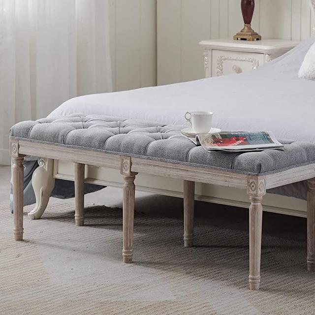 Guyou Farmhouse 3 Seat Entryway Benches 6 Foot, Rustic Upholstered End of Bed Bench for Bedroom, 45x16.5 Foyer Bench Accent Bench or Dining Room Living Room (Grey Fabric)