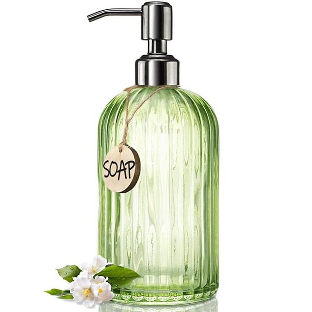 JASAI 18 Oz Vertical Striped Green Soap Dispenser with 304 Rust Proof Stainless Steel Pump, Refillable Lotion Soap Dispenser for Bathroom, Kitchen, Hand Soap, Dish Soap (Clear Green)