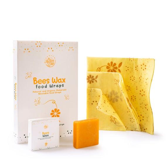 Greenzla Reusable Beeswax Food Wraps | Set Of 3 + Bonus Beeswax Bar | 100% Natural Organic Beeswax Food Wraps | 1 Small 1 Medium 1 Large