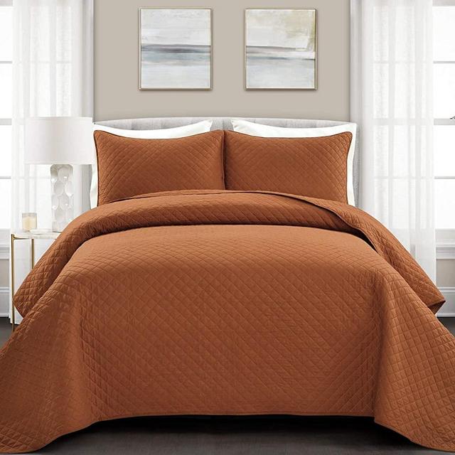 Lush Decor Ava Diamond Oversized 3 Piece Cotton Quilt Set, Rust, Full Queen
