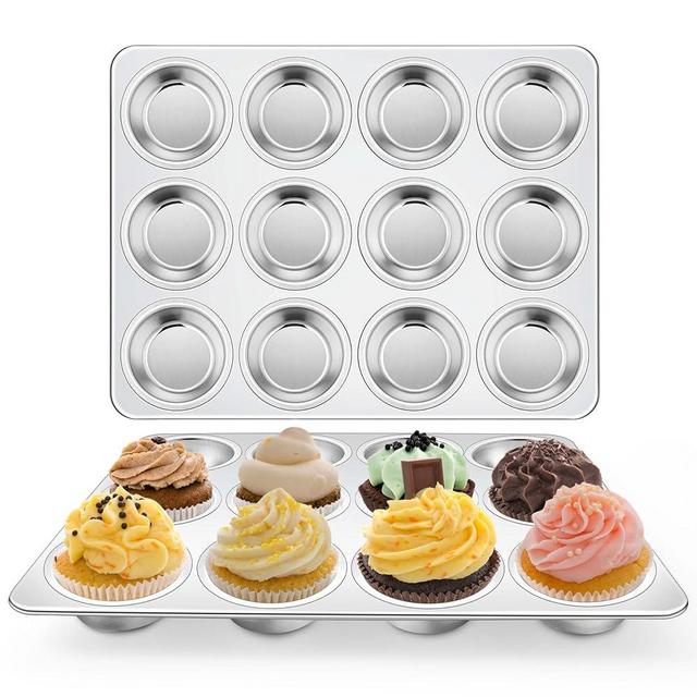 Homikit 2 Pack Muffin Pan, Stainless Steel Muffin Tin with 12 Cups Regular Size, Nonstick Metal Cupcake Egg Bites Tray for Baking, Non Toxic & Rust Free, Oven & Dishwasher Safe