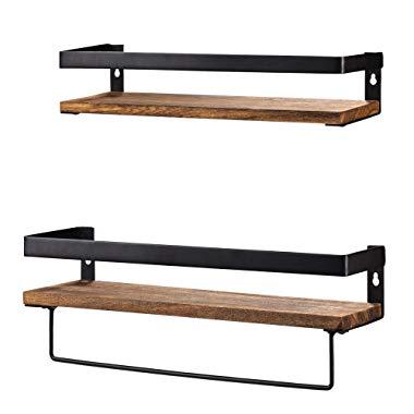 Y&ME Bathroom Storage Shelf Wall Mounted Set of 2,Rustic Wood Floating Shelves with Removable Towel Bar,Perfect for Kitchen, Bathroom, Carbonized Brown