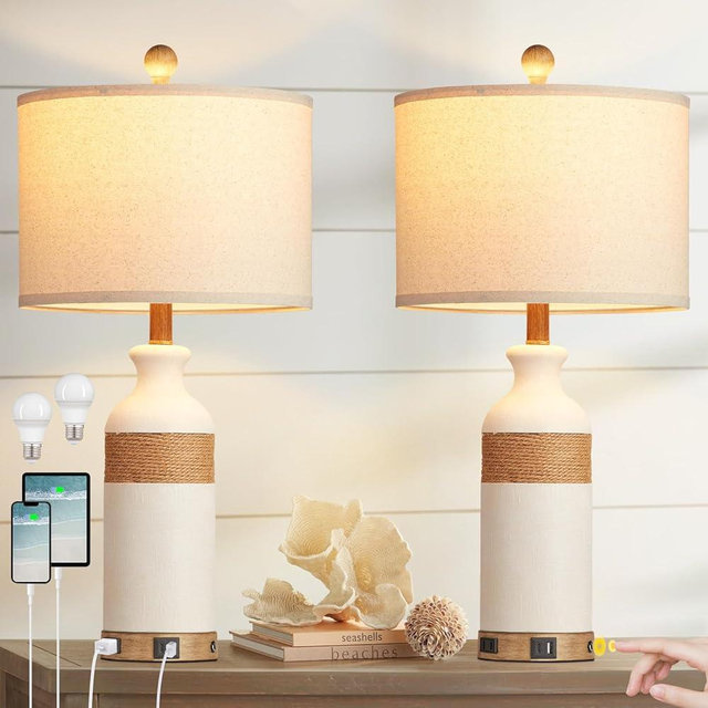 Cinkeda Boho Rattan Table Lamps for Bedroom Nightstand 26" Farmhouse Bedside lamp Set of 2 with USB C+A Ports & AC Outlet,3-Way Dimmable Touch Control Vintage Lamps for Living Room(Include Bulbs)