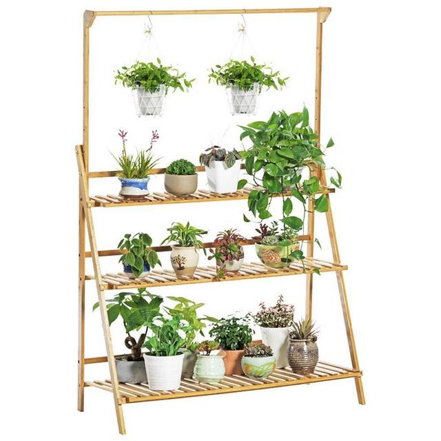 Lebeauty Wooden Plant Stand Flower Shelf Holder 8 Tier Pot Shelves Bonsai Display Storage Rack Outdoor Indoor Garden Patio for Multiple Plants 33.4x35.4x9.8inch (Brown) (C)