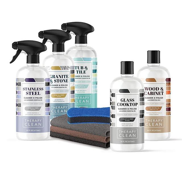 Therapy Clean - Kitchen Cleaner Kit | Kitchen, Stainless, Granite, Tub & Tile Cooktop and Wood With Premium Microfiber Cloths