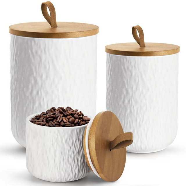 YUNLINLI Canisters Set for Kitchen Food Storag of 3 Piece, Airtight Kitchen Canisters for Countertop, Modern Ceramic Jar with Top Handle & Wooden Lid for Coffee Tea Sugar Flour Cookie (White)