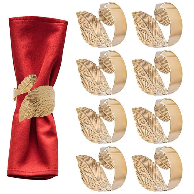 8 Pack Gold Leaf Napkin Rings Metal Napkin Rings Table Napkin Holders for Christmas Festival Parties Dinning Table Decorations