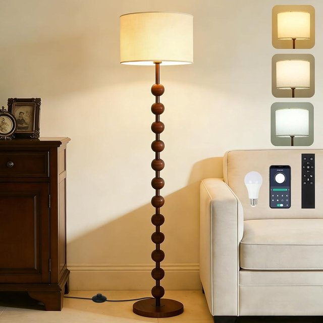 Floor Lamps for Living Room, Faux Wood Floor Lamp with Remote, Standing Lamp for Bedroom with E26 Smart Bulb, 62" Corner Tall Lamp with Fabric Shade, Farmhouse Stand Up Lamp, Retro Reading Lamp
